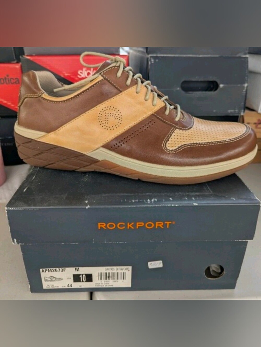 Rockport Day Pass, Dark Tan/Camel Leather Shoe, Size 10M, New